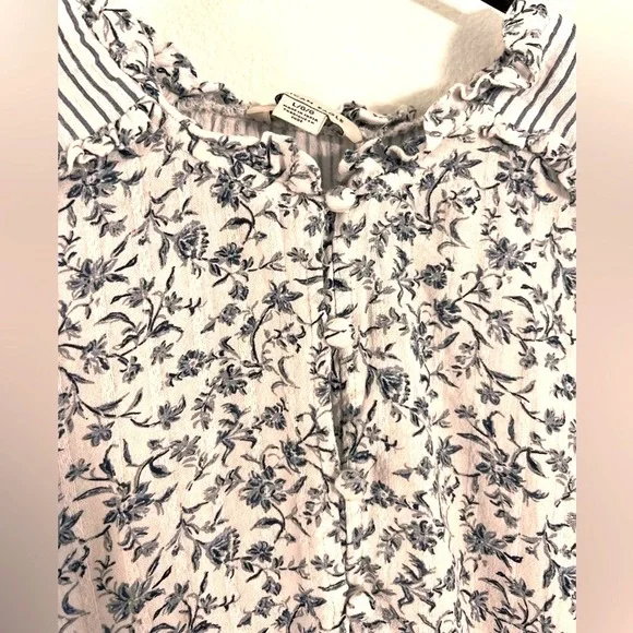 American Eagle Blue Floral Striped Cropped Puff Sleeve Peasant Blouse Top LARGE - Picture 5 of 8